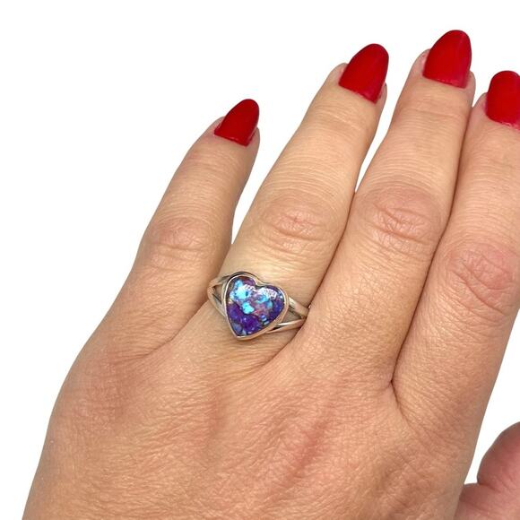 Kingman Turquoise Heart Ring Size 7 Solid 925 Sterling Silver Purple Blue Stone - Picture 3 of 8